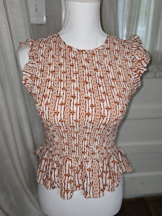 Lost + Wander Tops - Lost + Wander Cream and Rust Floral Smocked Peplum Blouse